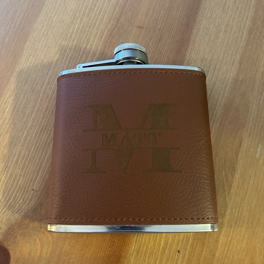 Flask "M" "Matt: Personalized Brown & Silver, Stainless Steel 6 oz